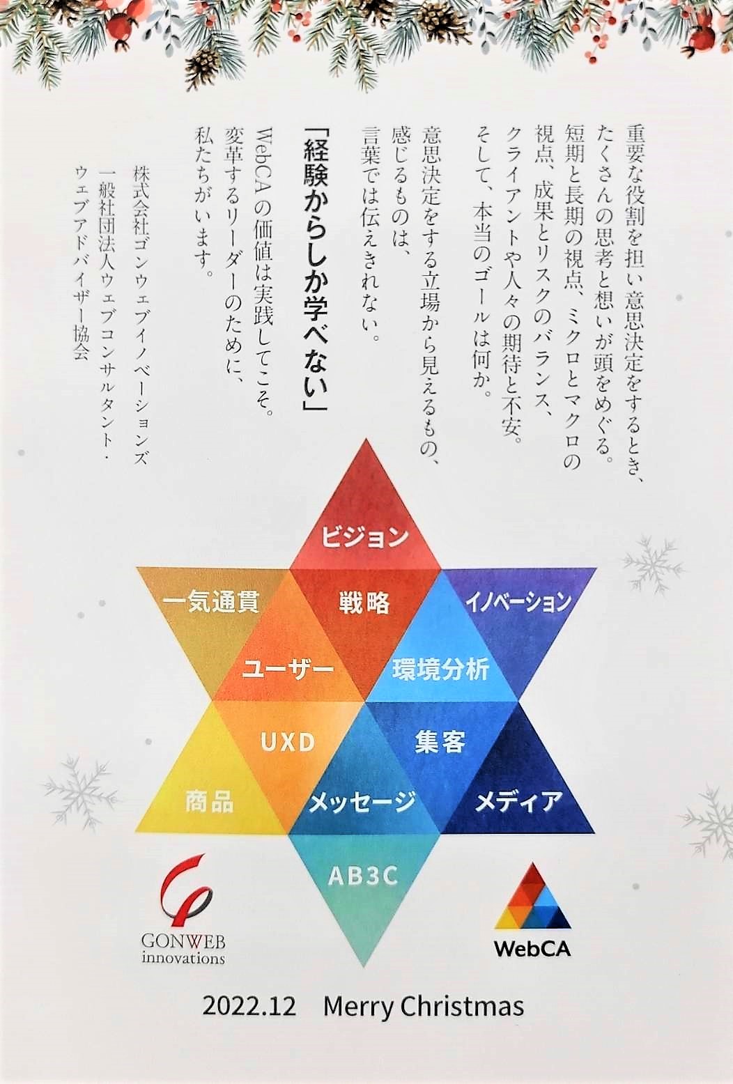「経験からしか学べない」をテーマにしたWebCAクリスマスカード。ビジョン・戦略・イノベーション・ユーザー・環境分析・UXD・集客・商品・メッセージ・メディア・AB3C・一気通貫の12要素を六芒星に配置したフレームワーク図